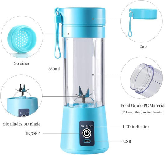 Rechargeable Portable Mini Juicer Blender – 6 Blades, 380ml Outdoor Juicing Cup [Random Color]