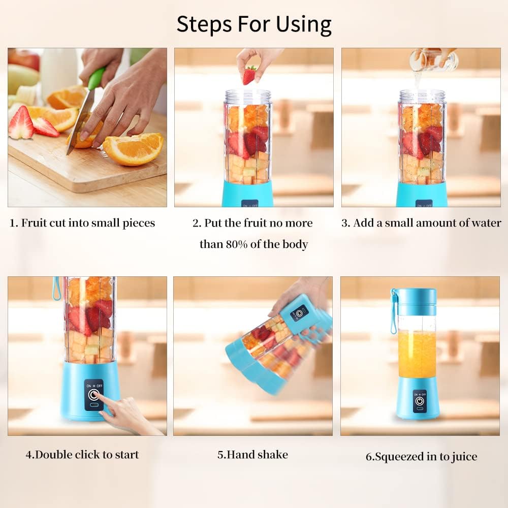 Rechargeable Portable Mini Juicer Blender – 6 Blades, 380ml Outdoor Juicing Cup [Random Color]