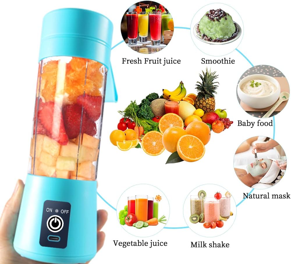 Rechargeable Portable Mini Juicer Blender – 6 Blades, 380ml Outdoor Juicing Cup [Random Color]